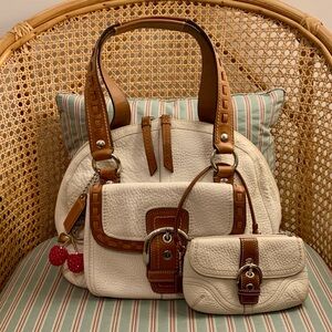 2009 Courtney Dome w/matching Wristlet in Chalk Pebble Leather with Whiskey Trim